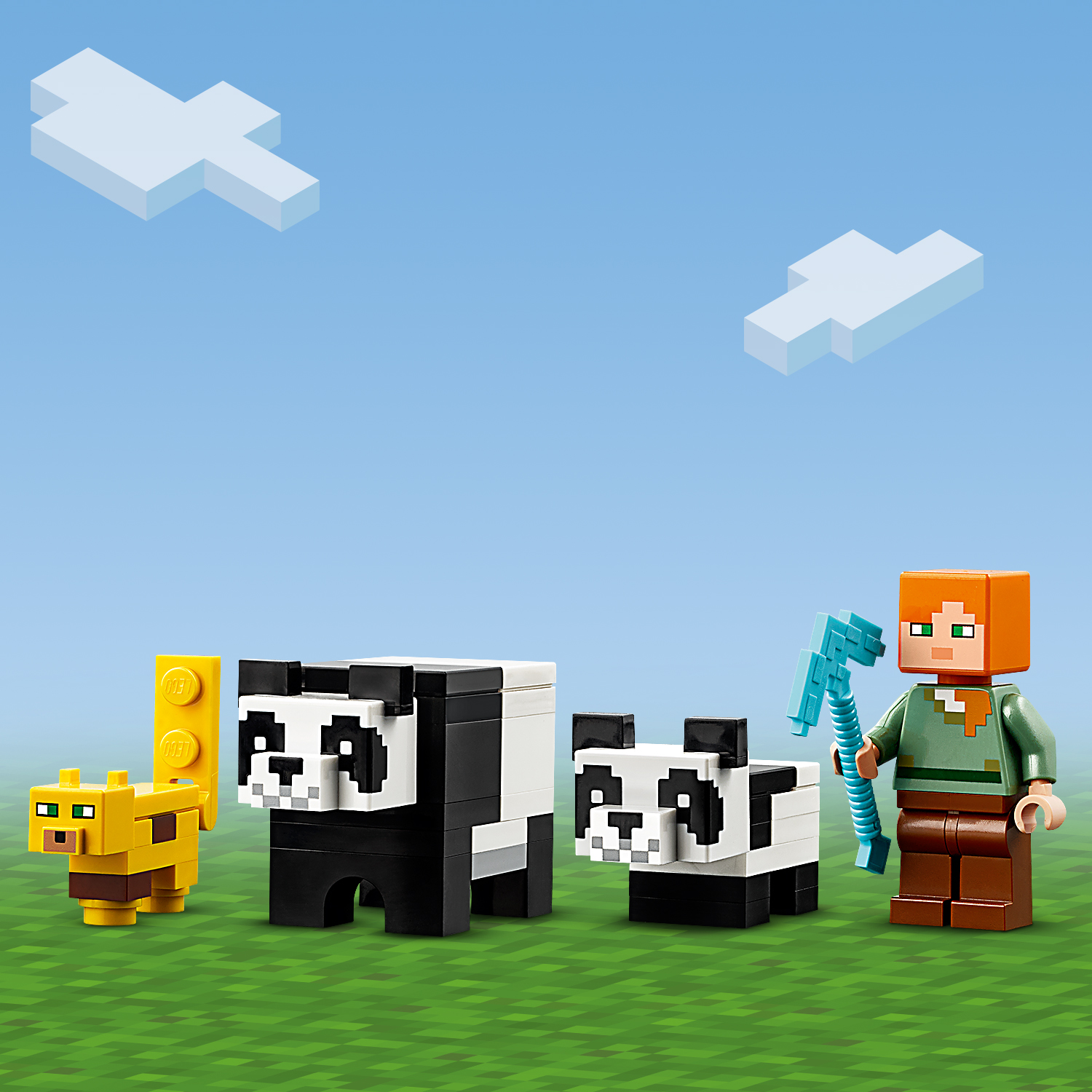 Obsahuje 2 sestavitelné pandy, Alex a Ocelota